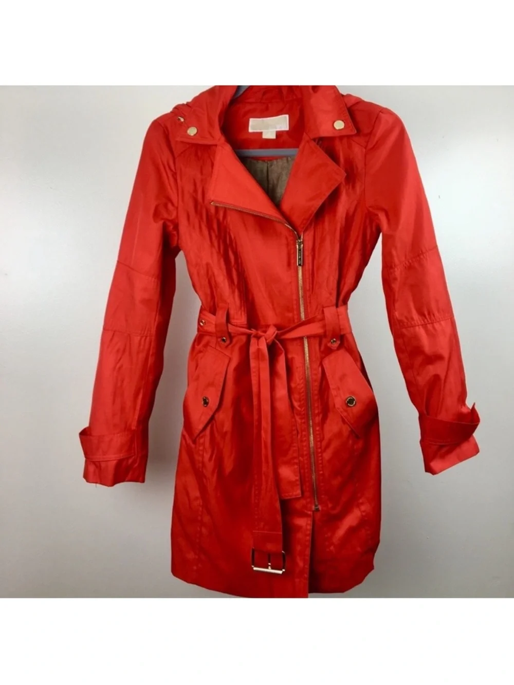 MICHAEL Michael Kors Red Belted Trench Coat Rain Jacket Hooded Size M Medium